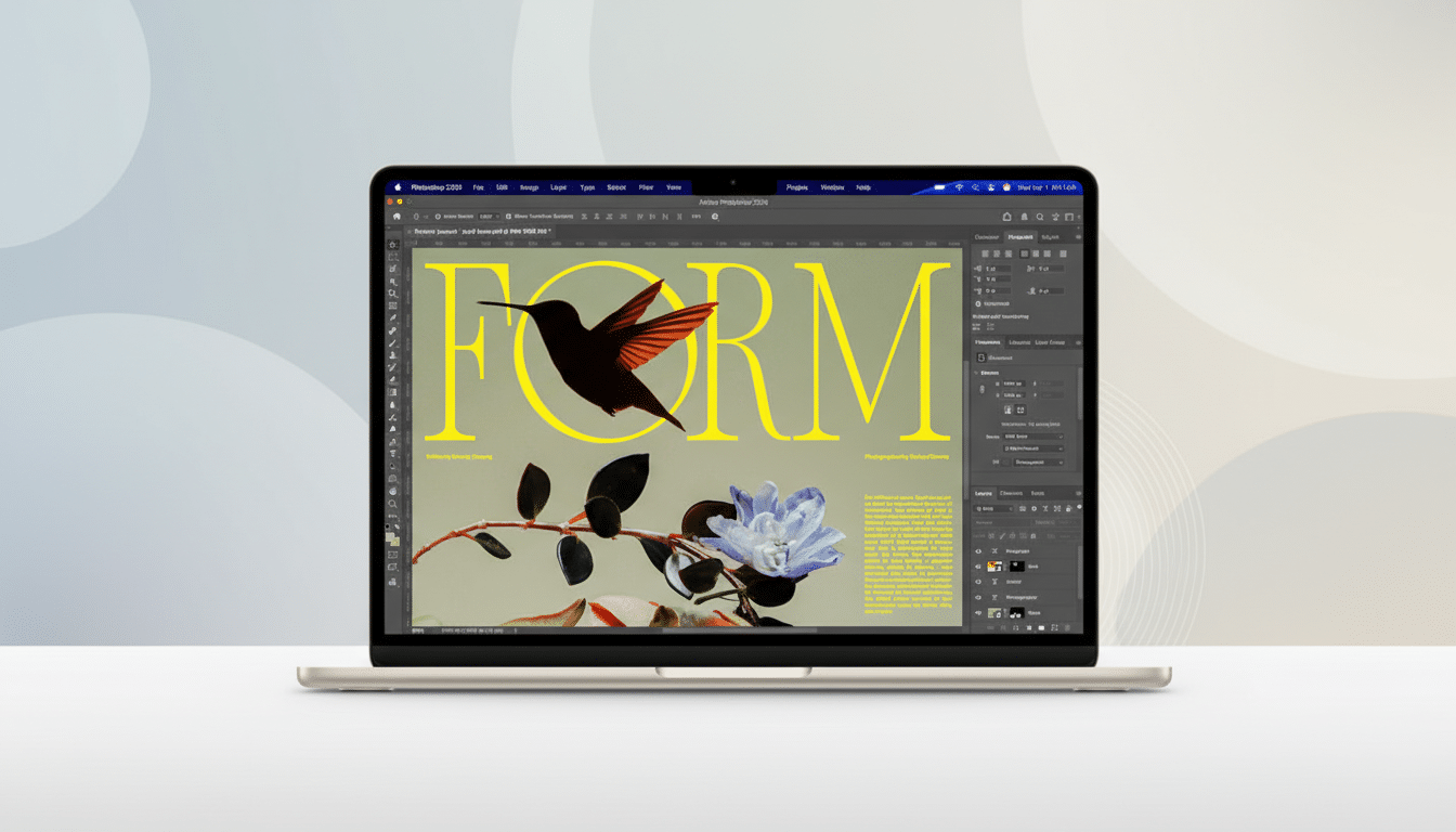 A MacBook displaying a design project in Photoshop, featuring a hummingbird and a flower, set against a professional flat design background with soft patterns.