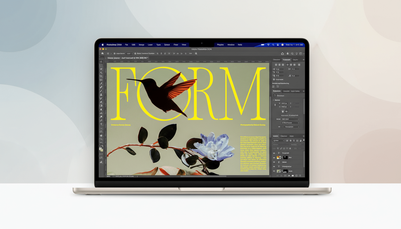 A MacBook displaying Adobe Photoshop with a design featuring a hummingbird and a flower, set against a professional flat design background with soft patterns and gradients.