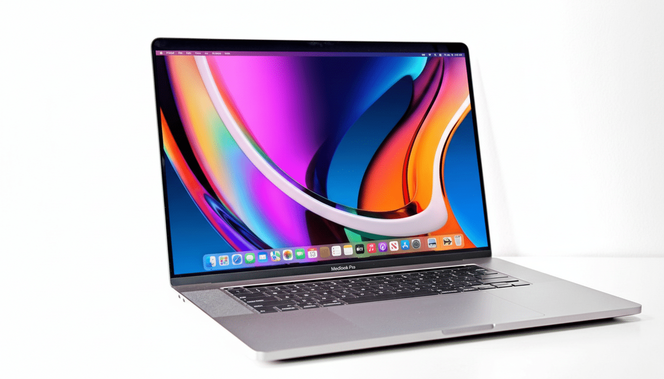 A silver MacBook Pro laptop with a colorful abstract wallpaper displayed on its screen, set against a clean white background.