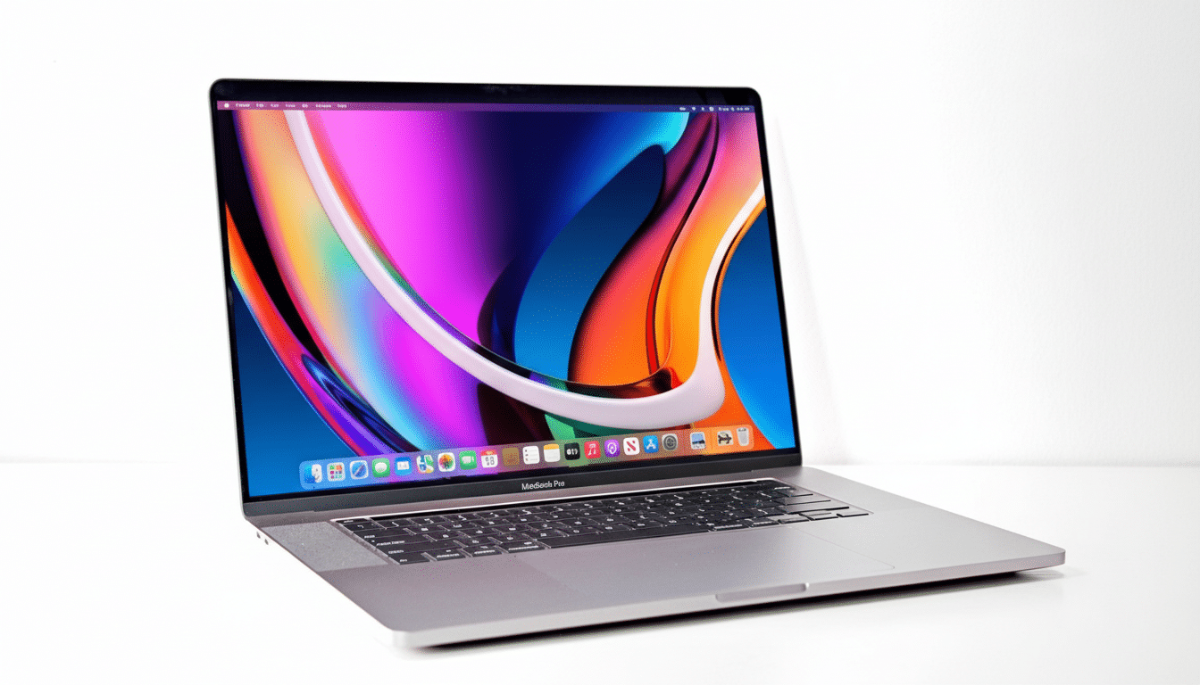 A silver MacBook Pro laptop with a colorful abstract wallpaper displayed on its screen, set against a plain white background.