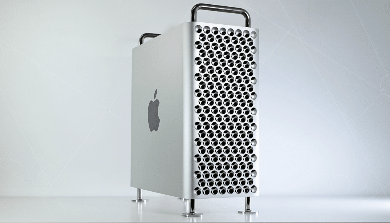 A silver Apple Mac Pro desktop computer with a perforated front panel and handles, set against a professional light gray background with subtle geometric patterns.