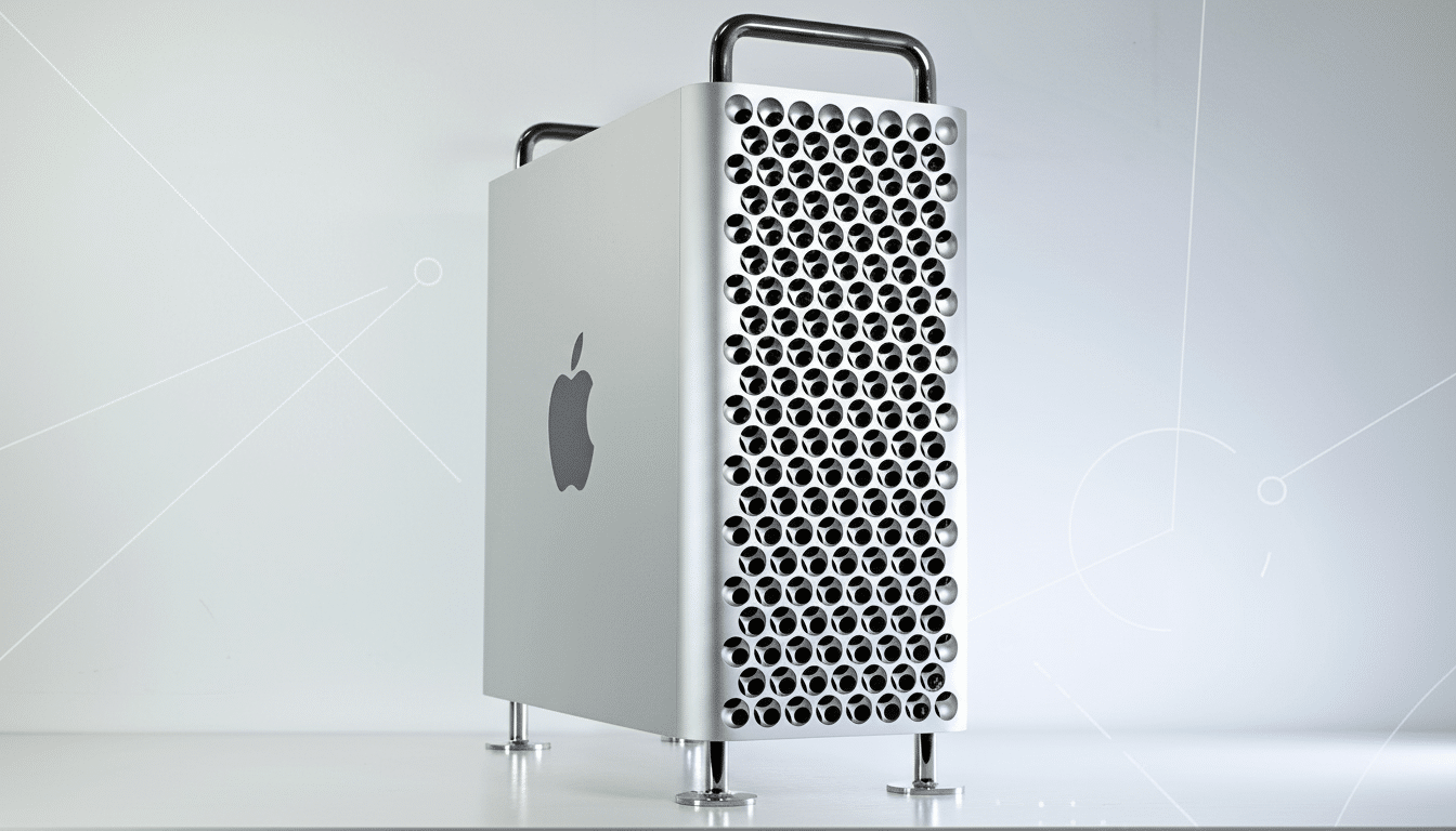 A silver Apple Mac Pro desktop computer with a perforated front panel and handles, set against a professional light gray background with subtle geometric patterns.