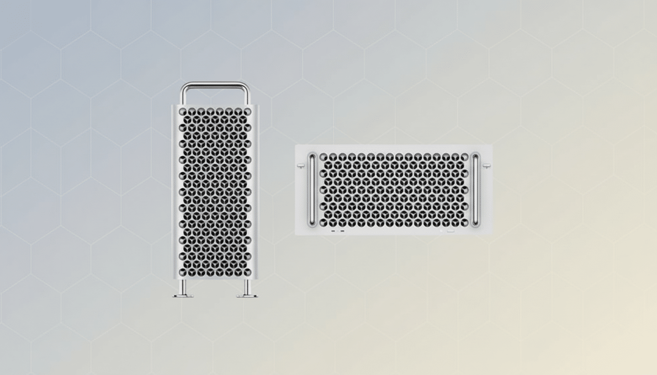 A professional image of a Mac Pro tower and a separate Mac Pro rack-mount unit, both featuring their distinctive lattice design, presented on a soft gradient background with subtle geometric patterns.