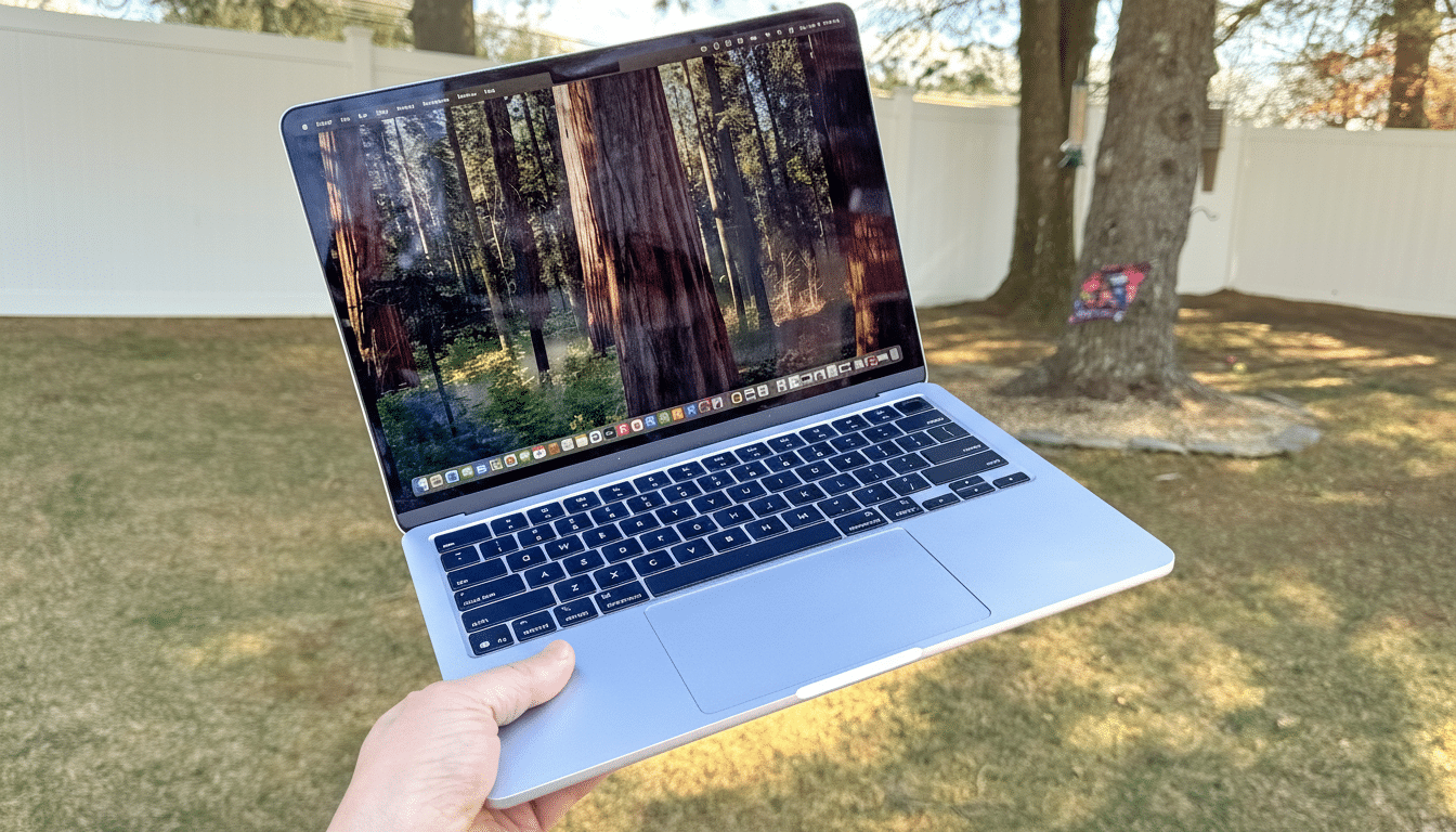 A hand holding a silver MacBook laptop outdoors, with a forest scene displayed on the screen.