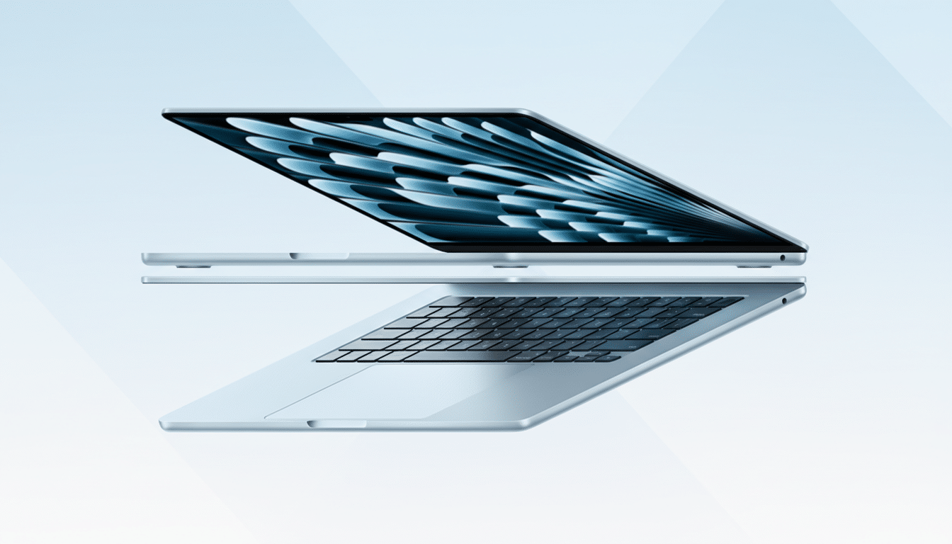 A light blue laptop with a dark screen displaying a blue and white abstract pattern, angled on a light blue gradient background.