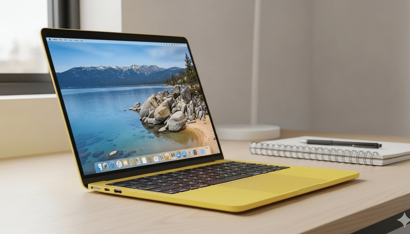 A yellow laptop with a scenic desktop background of a lake and mountains, sitting on a wooden desk next to a notebook and pen.