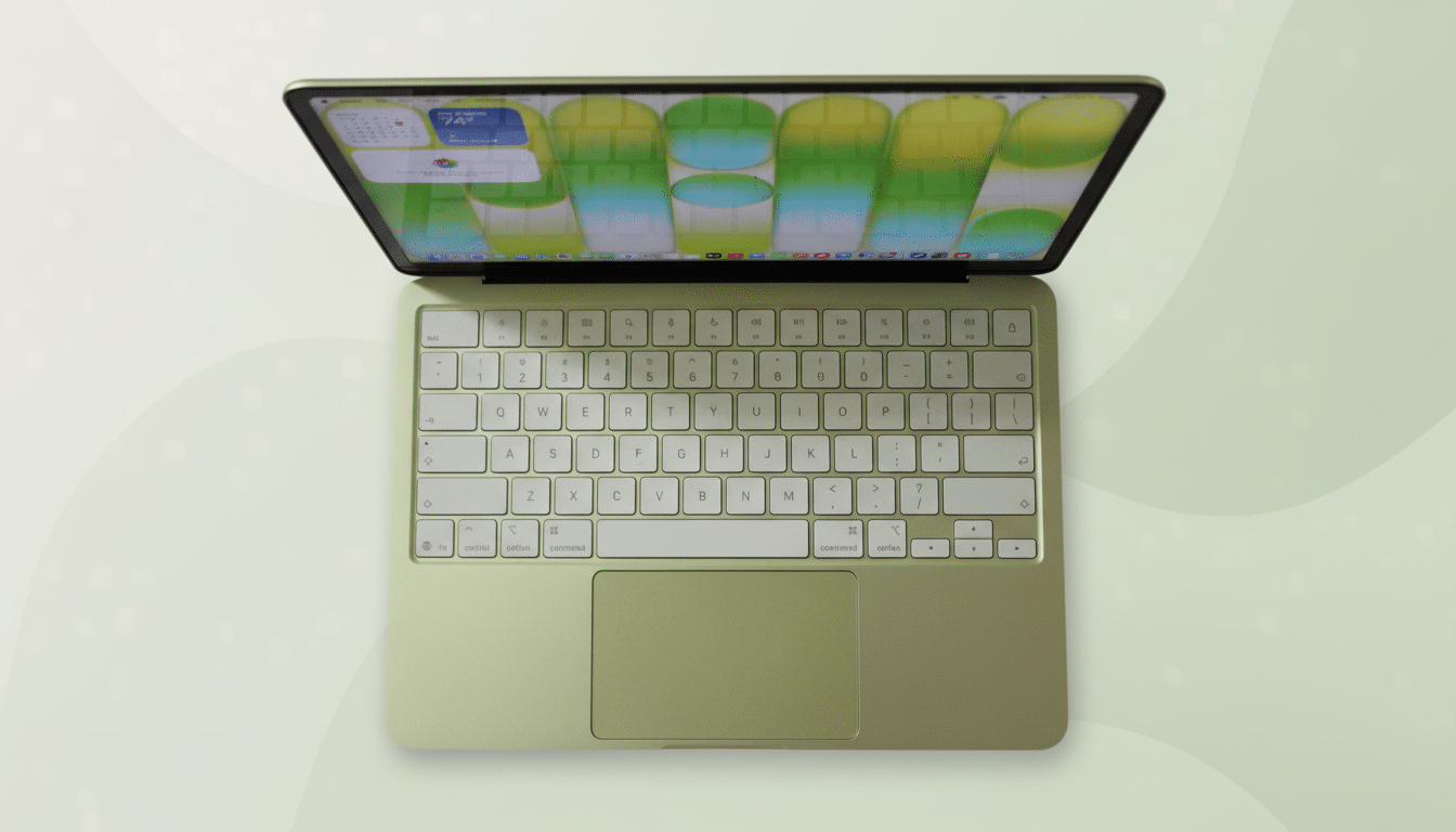 A green laptop with its screen open, displaying a colorful desktop background, set against a soft green gradient background.