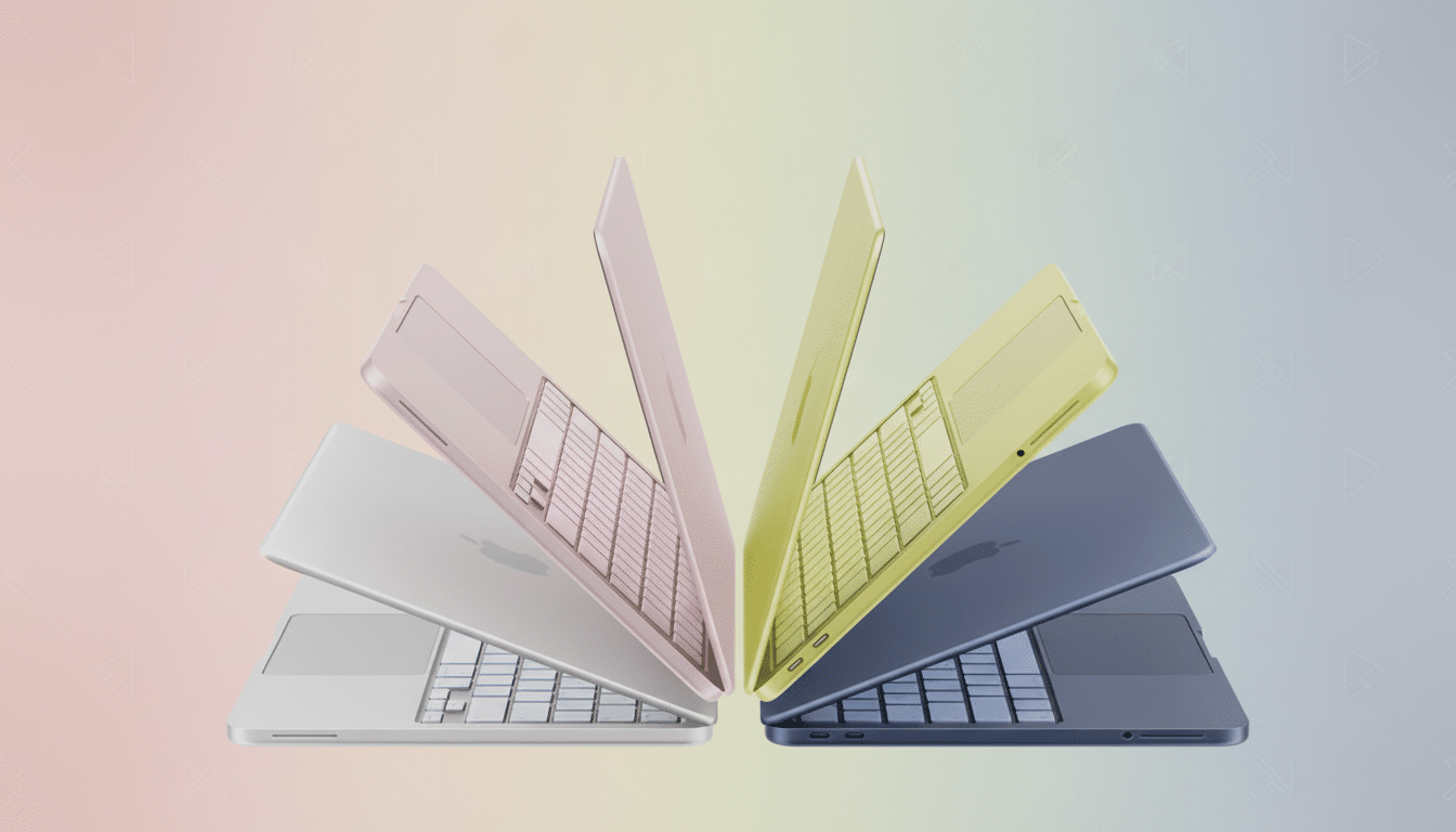 A professional image of five open laptops in various colors (silver, pink, yellow, and blue) arranged in a semi-circle on a soft gradient background with subtle geometric patterns.