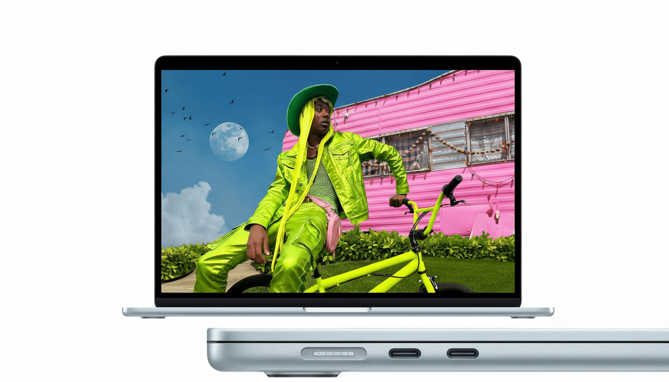 A silver laptop displaying a vibrant image of a person in a neon green outfit and hat, sitting on a matching neon green bicycle, with a pink trailer and a moonlit sky in the background. Below the laptop, a close-up of its side shows ports and connectors.