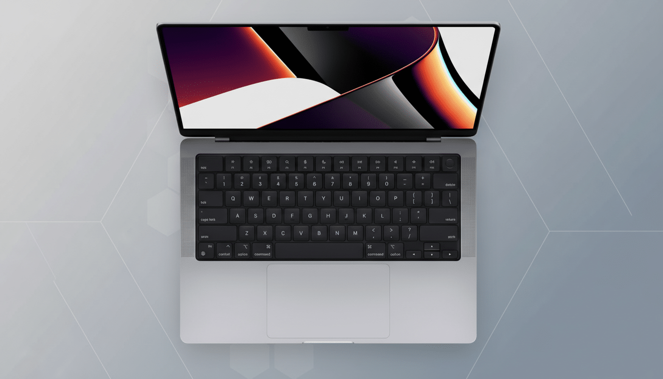 A top-down view of a silver MacBook Pro with its screen displaying an abstract wallpaper in shades of purple, orange, and white. The laptop is centered on a professional gray background with subtle geometric patterns.