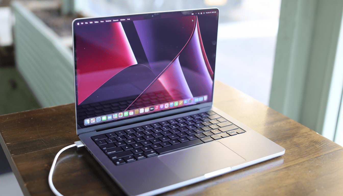 A silver MacBook Pro with a vibrant purple and red abstract wallpaper on its screen, sitting on a wooden table.