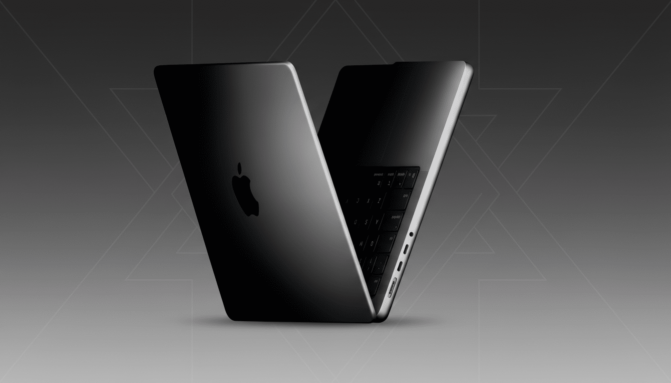 A professional, enhanced image of a MacBook Pro, resized to a 16:9 aspect ratio. The laptop is slightly open, revealing the keyboard and ports, with the Apple logo visible on the lid. The background has been changed to a professional flat design with soft patterns and gradients, maintaining a clean and focused presentation of the product.