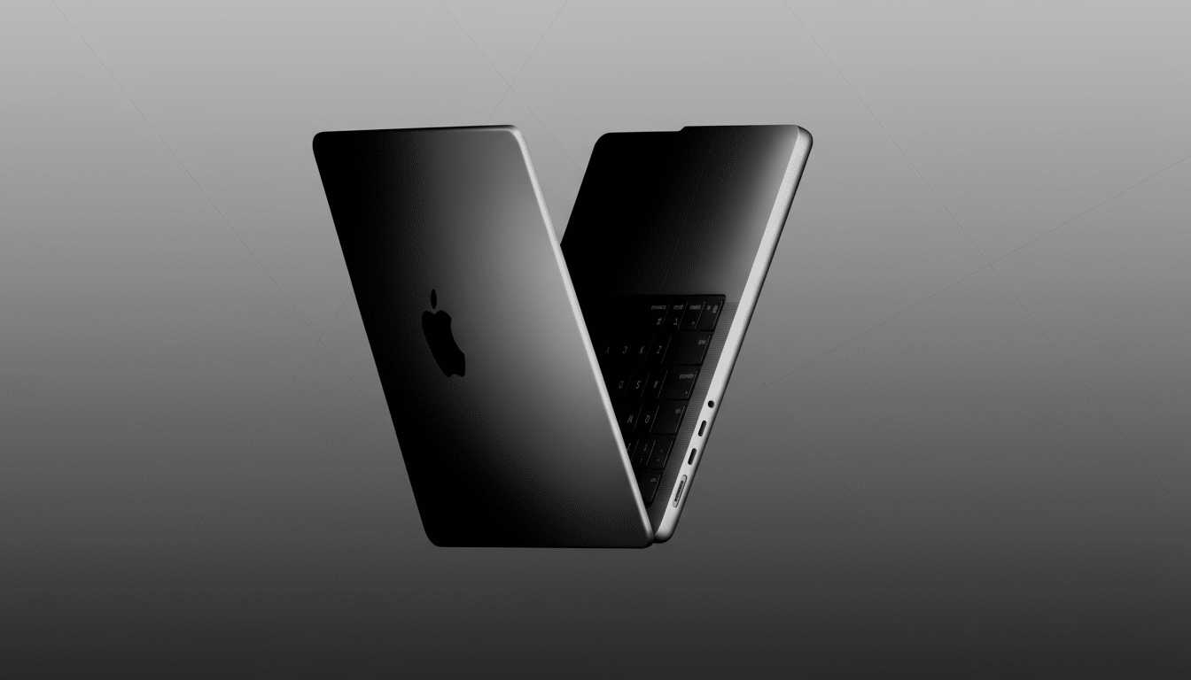 A sleek, dark gray MacBook Pro is angled on a professional gray background with subtle gradient. The Apple logo is visible on the lid, and the keyboard and side ports are partially visible.