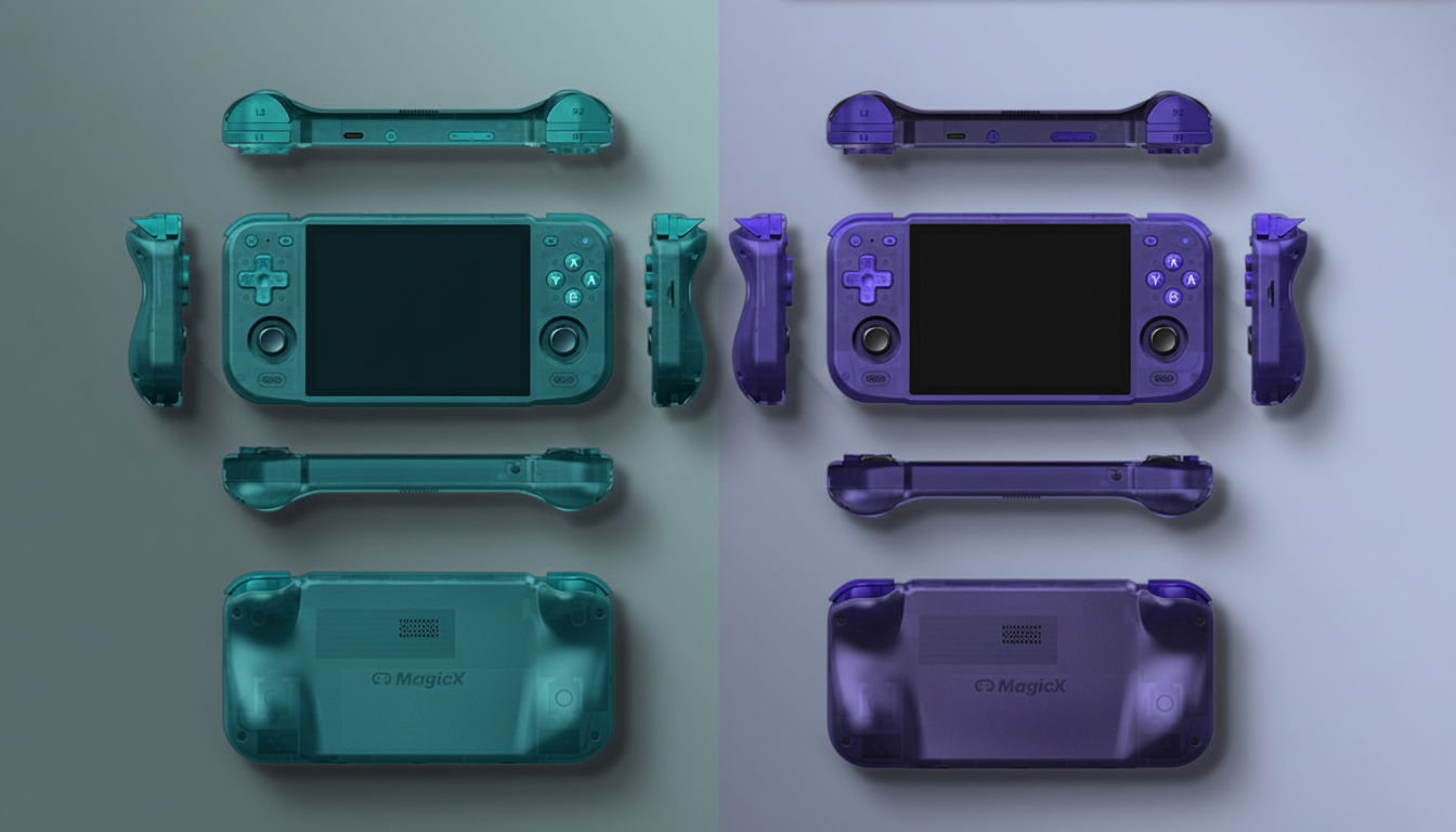 Two handheld gaming consoles, one teal and one purple, displayed with their various components separated and arranged around the main console body.