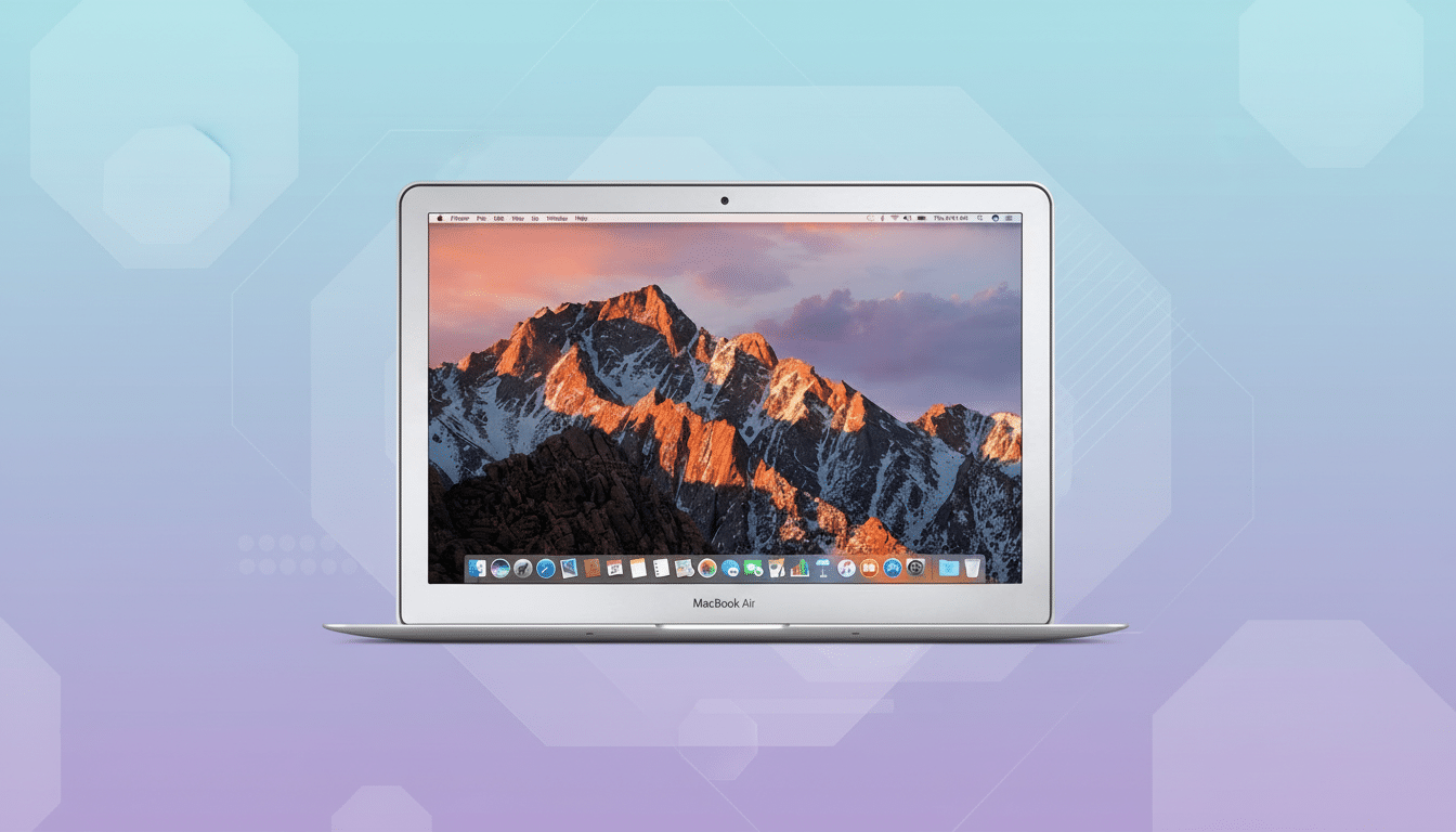 A silver MacBook Air laptop with a mountain range displayed on its screen, set against a professional flat design background with soft blue and purple gradients and subtle geometric patterns.