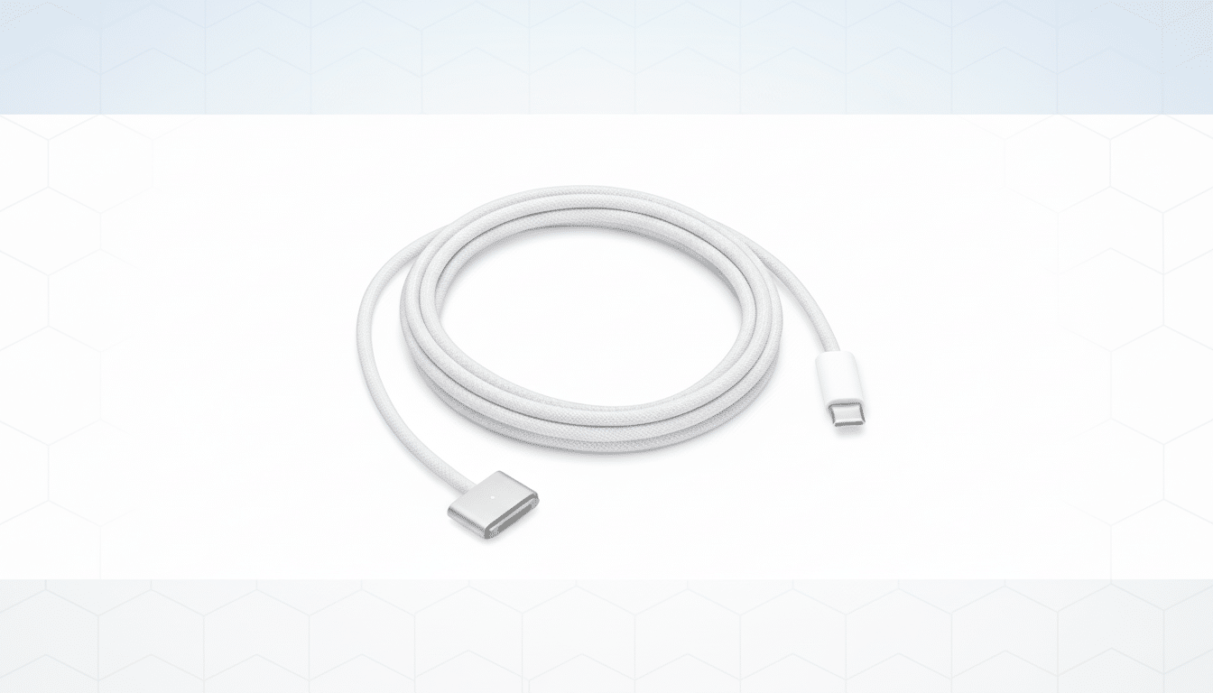 A white USB-C to MagSafe 3 cable, coiled, with a professional flat design background featuring soft geometric patterns.