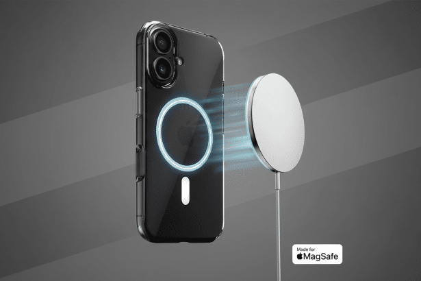 A clear iPhone case with a glowing blue MagSafe ring on the back, next to a white MagSafe charger, all against a professional gray background with subtle diagonal patterns.