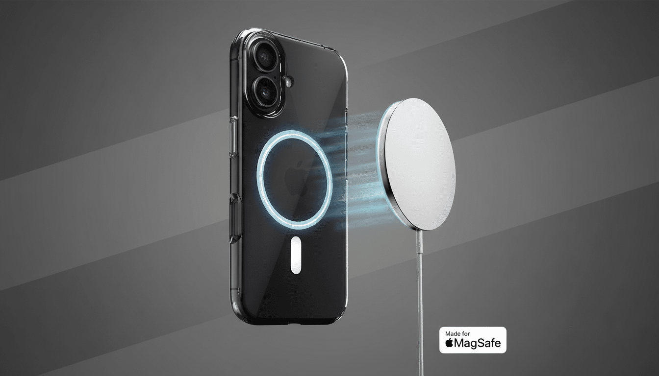 A clear iPhone case with a glowing blue MagSafe ring on the back, next to a white MagSafe charger, all against a professional gray background with subtle diagonal patterns.