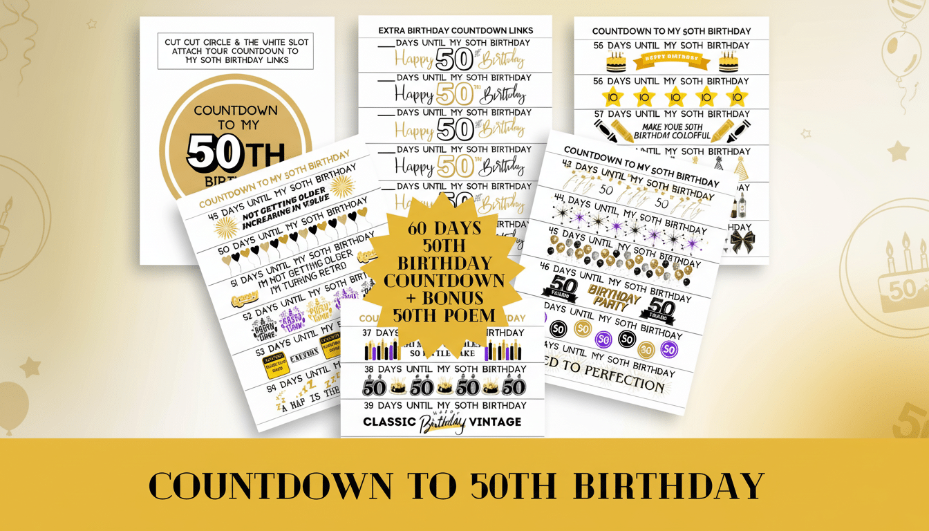 A 16:9 aspect ratio image featuring various birthday countdown cards and banners, with a professional flat design background that includes soft patterns and gradients. The main text COUNTDOWN TO 50TH BIRTHDAY is prominently displayed at the bottom.