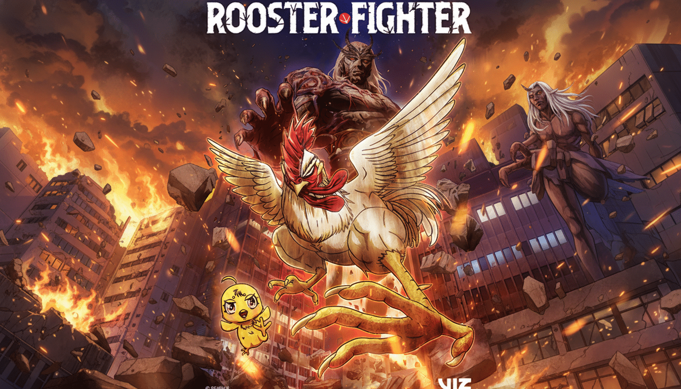 A 16:9 aspect ratio image of the Rooster Fighter manga cover, featuring a large rooster, a small chick, and a monstrous figure in the background, with buildings on fire.
