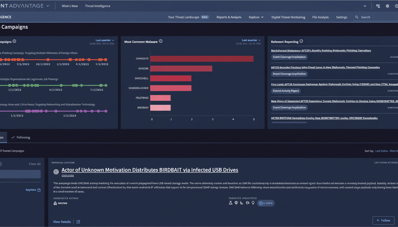 A screenshot of the Mandiant Advantage Explore Campaigns dashboard, displaying threat intelligence data with various charts and lists.