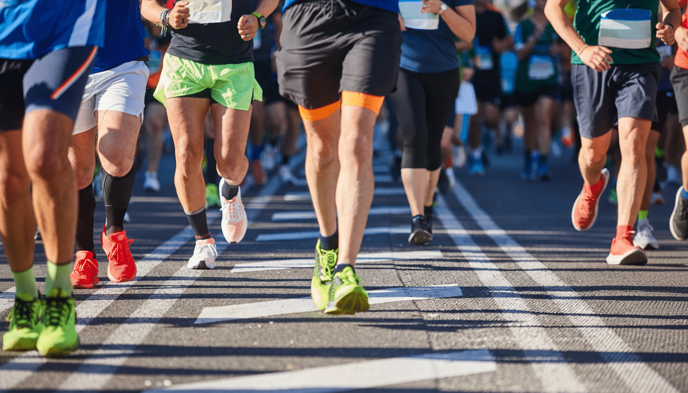 A group of runners participating in a marathon, with their legs and feet visible as they move forward on an asphalt road with white markings.