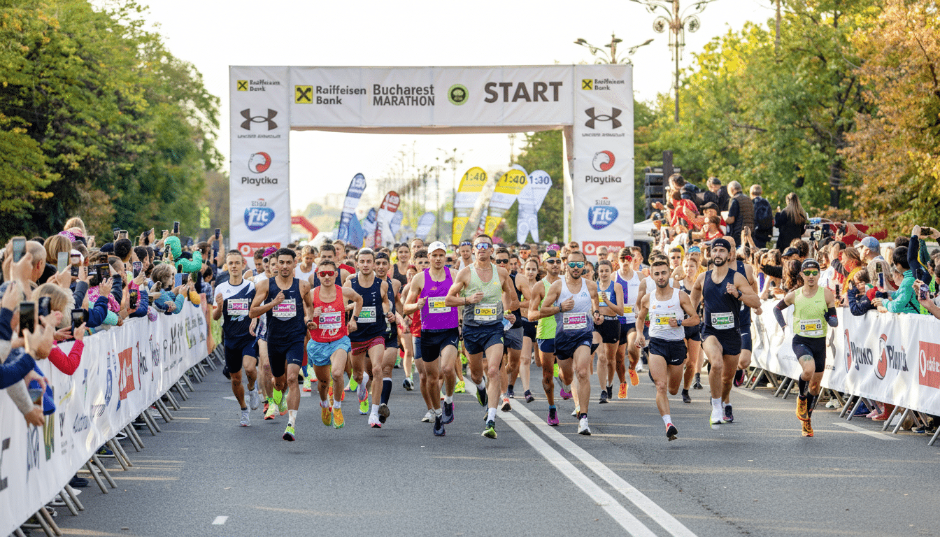A group of runners at the start line of the Raiffeisen Bucharest Marathon, with spectators on both sides and a large START archway in the background.