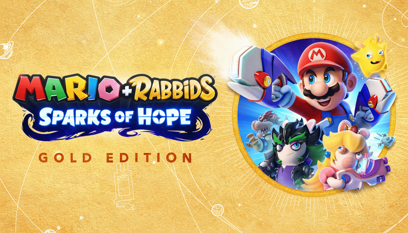 The Mario + Rabbids Sparks of Hope Gold Edition game logo and key art, featuring Mario, Princess Peach, and other characters in a circular frame on a gold background.