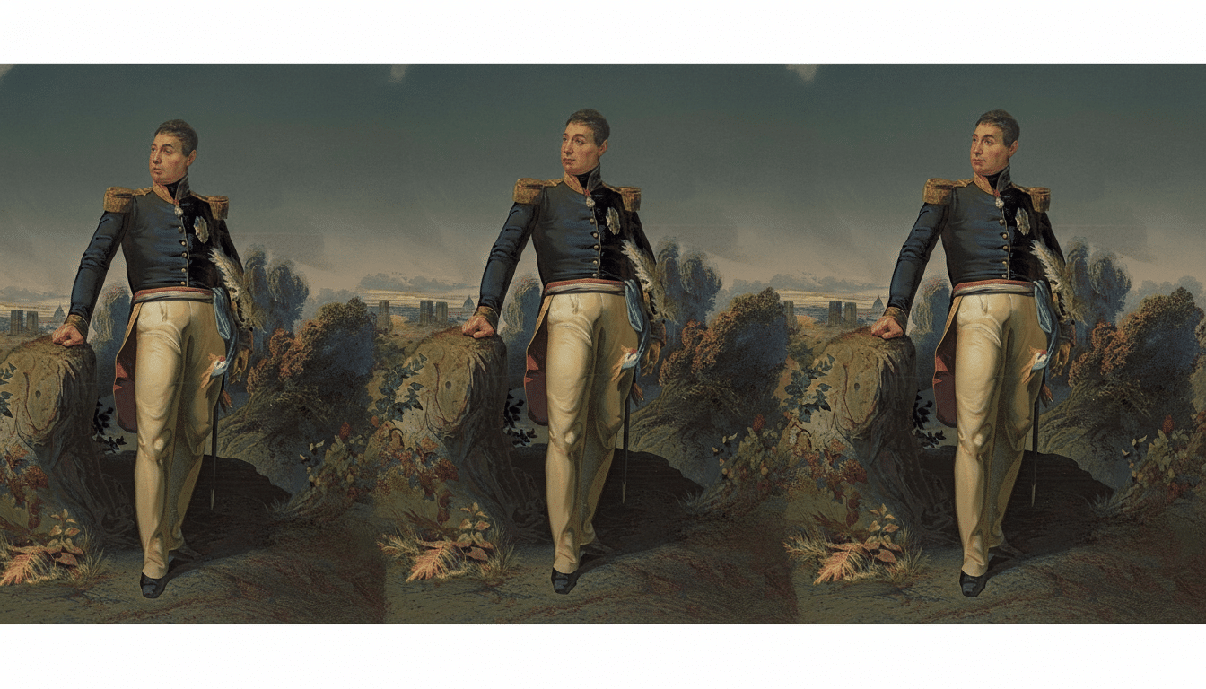 A man in a military uniform with gold epaulets and a blue jacket, standing with one hand resting on a rock, looking to his left. The background features a landscape with distant buildings and trees.