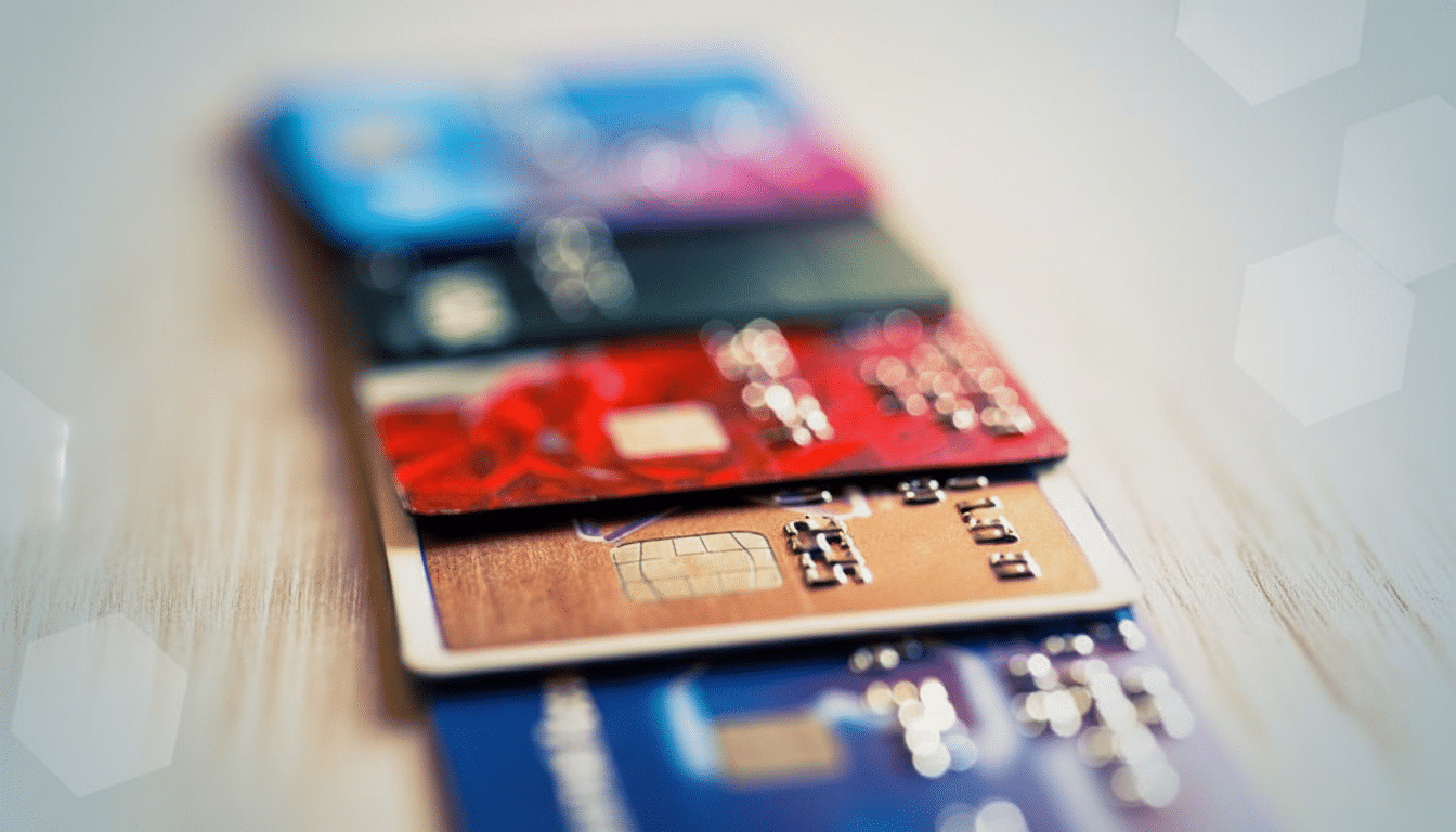 A stack of credit cards in various colors, including blue, gold, red, and black, with a professional flat design background featuring soft hexagonal patterns.