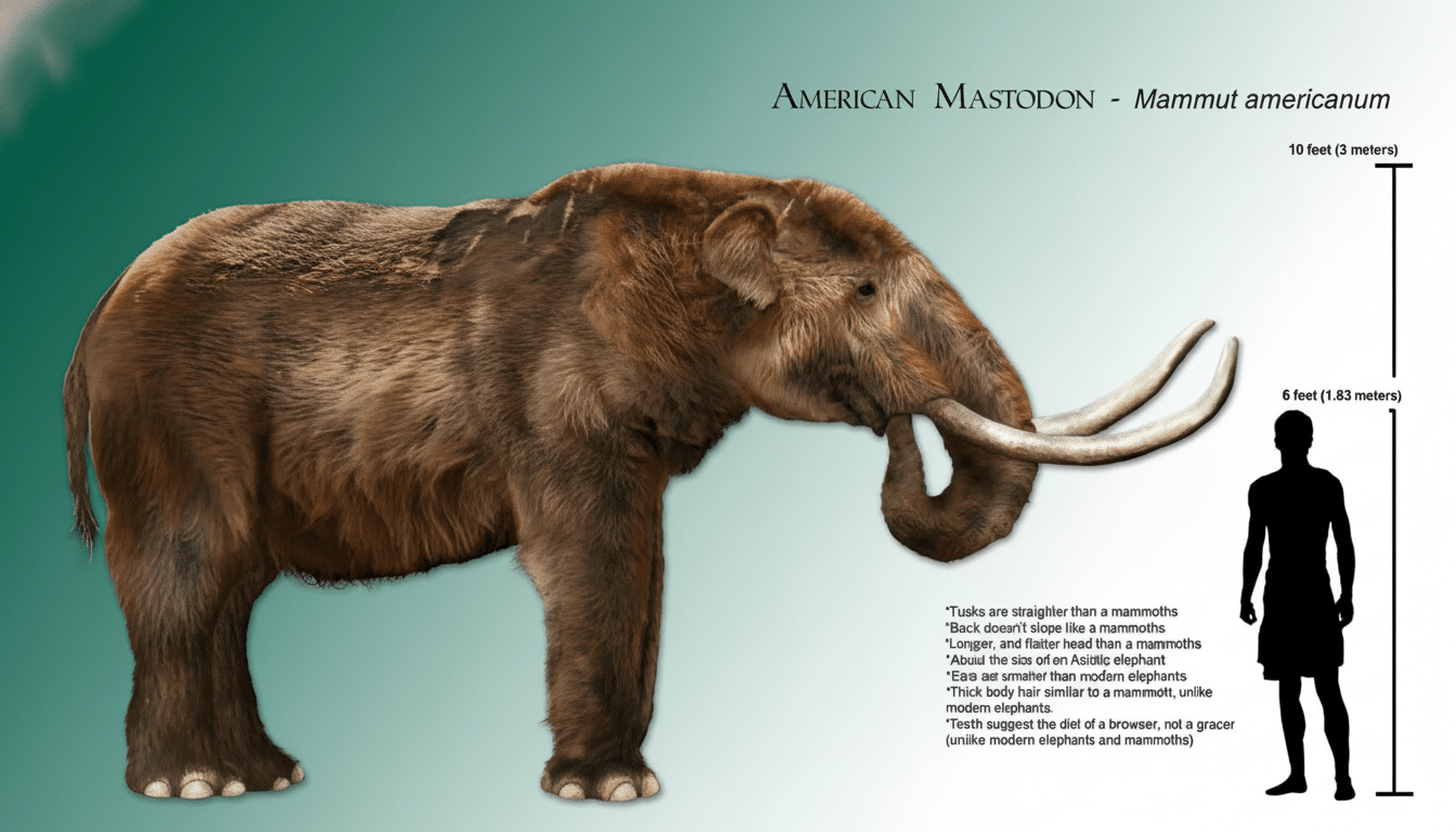 An American Mastodon (Mammut americanum) depicted next to a human silhouette for scale, with text describing its characteristics. The image has been resized to a 16:9 aspect ratio with a gradient background.