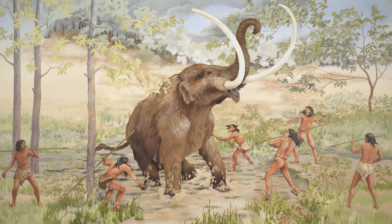 A painting depicting a woolly mammoth being hunted by several early humans with spears in a prehistoric landscape.