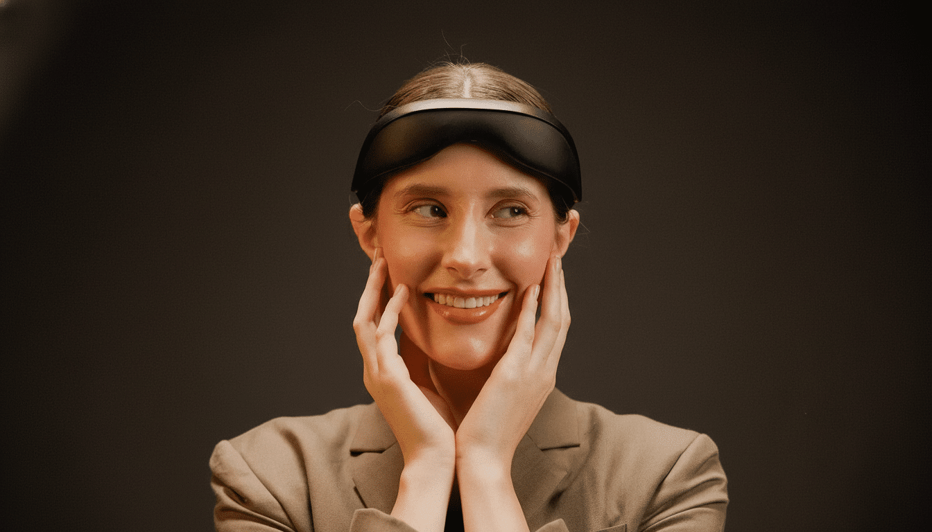 A woman with a sleep mask on her forehead, smiling and looking to the right, with her hands gently touching her cheeks.