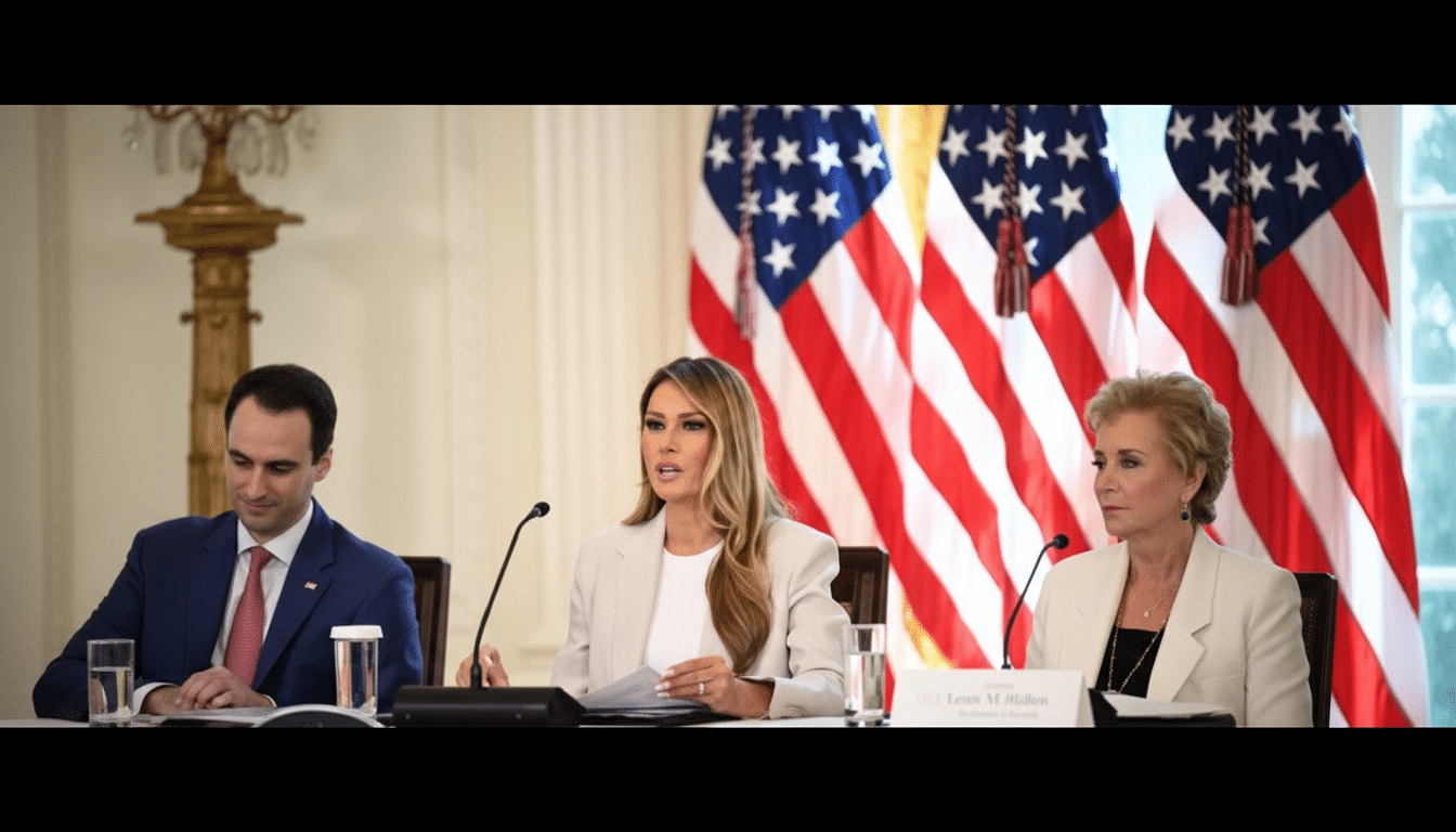 Melania Trump speaking at a table with two other people, with American flags in the background.