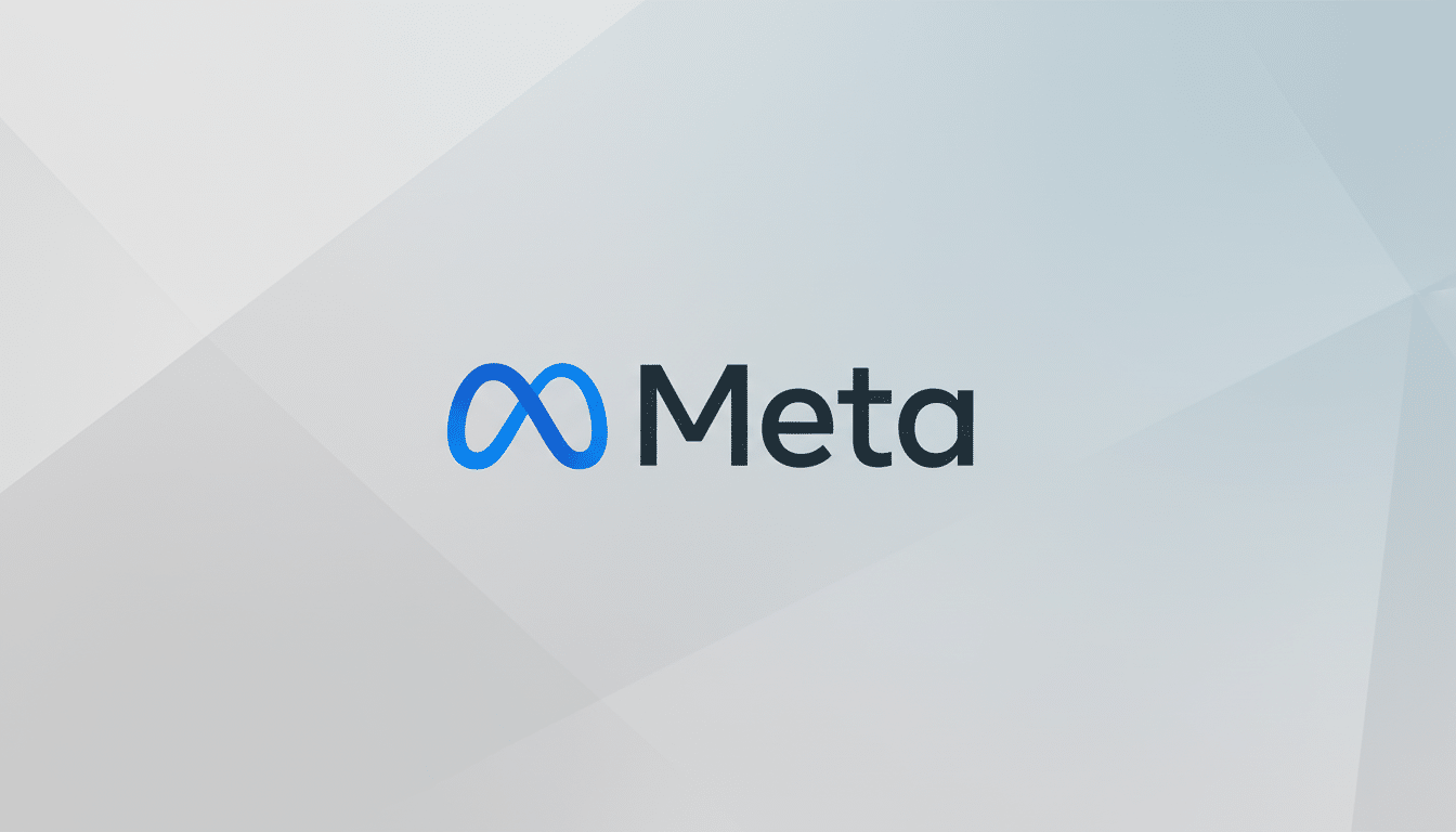The Meta logo, featuring a blue infinity symbol next to the word Meta in dark gray, presented on a professional light gray background with subtle geometric patterns.