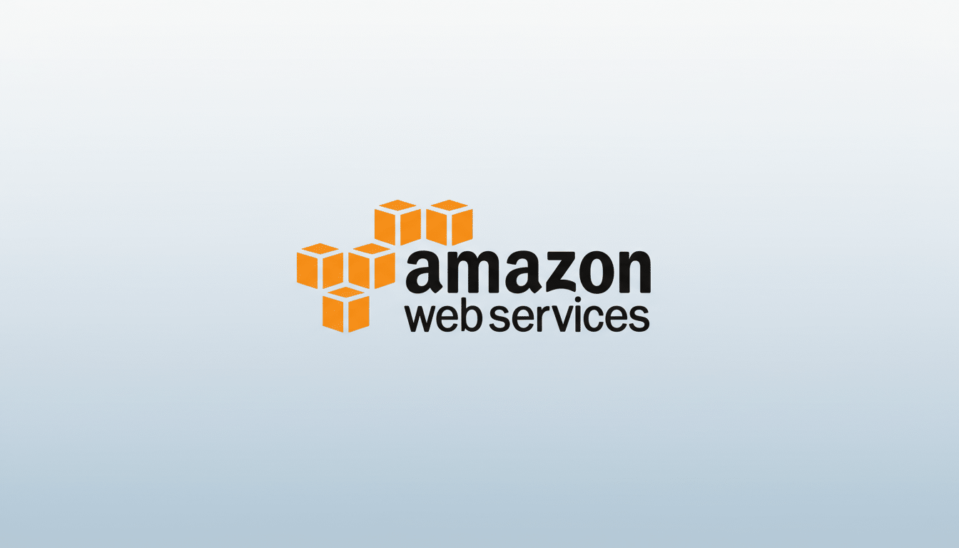 The Amazon Web Services logo, featuring orange cubes forming a stylized AWS symbol next to the text amazon web services, presented on a professional light blue to white gradient background.