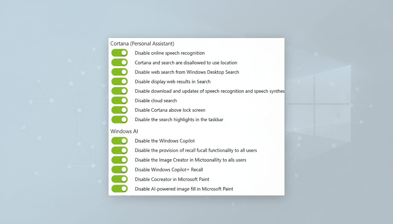 A screenshot of Windows settings for Cortana and Windows AI, showing various options to disable features like online speech recognition, web search, cloud search, Windows Copilot, Image Creator in Microsoft Paint, and AI-powered image fill. All toggle switches are in the on position, indicating these features are currently disabled. The image is presented on a professional flat design background with soft patterns.