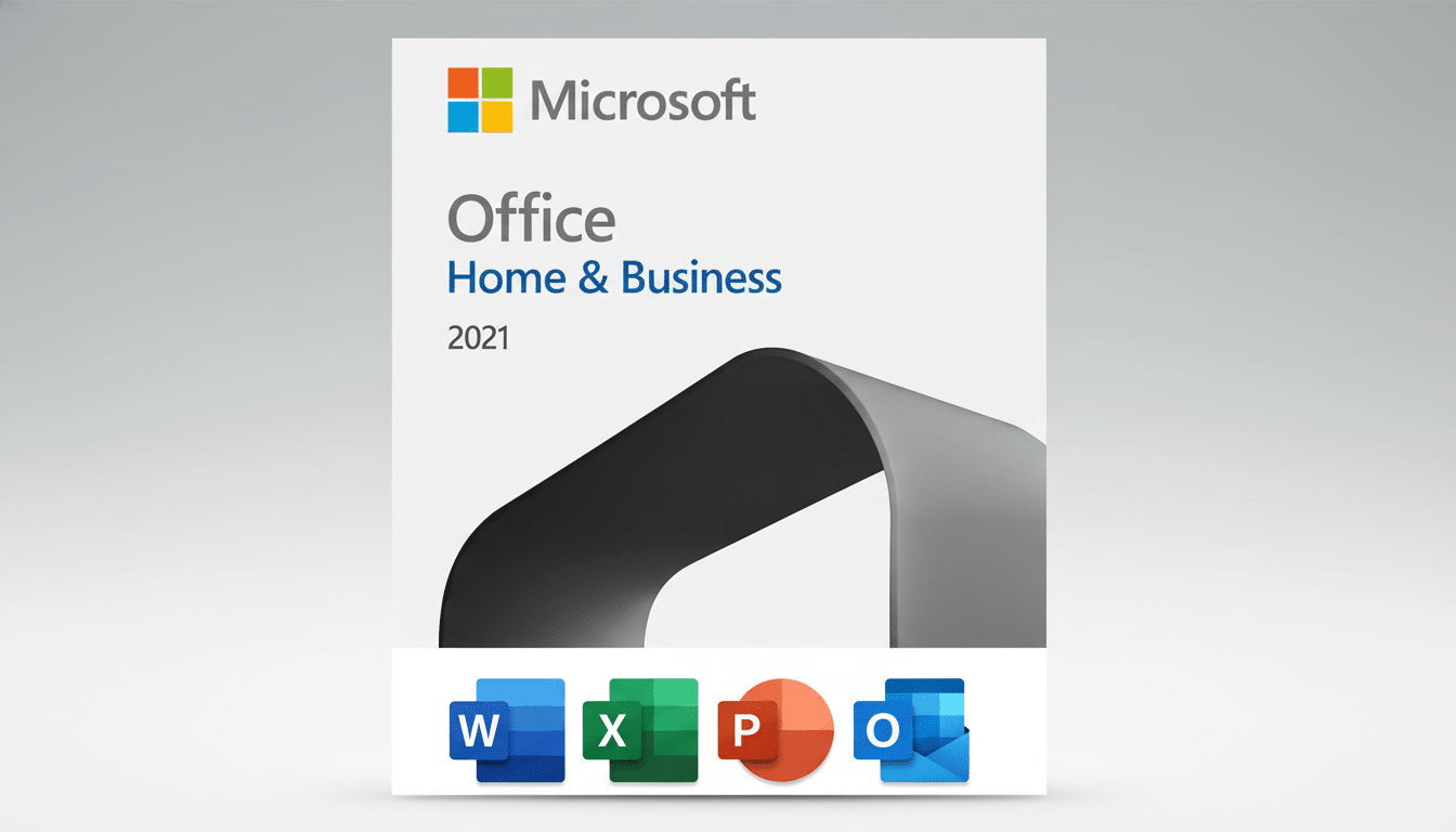 Microsoft Office Home & Business 2021 software box with Word, Excel, PowerPoint, and Outlook icons.