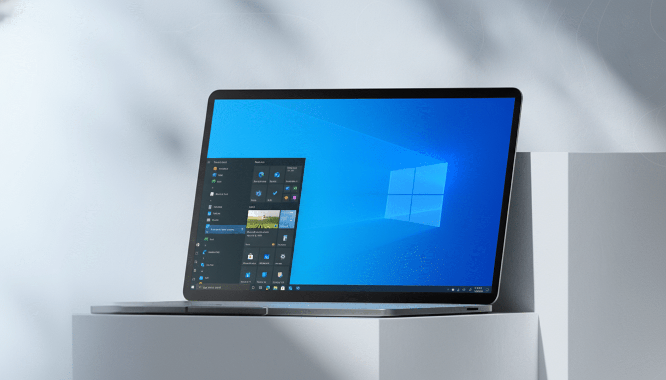 A laptop displaying the Windows 10 desktop with the Start menu open, set against a minimalist background with soft shadows.