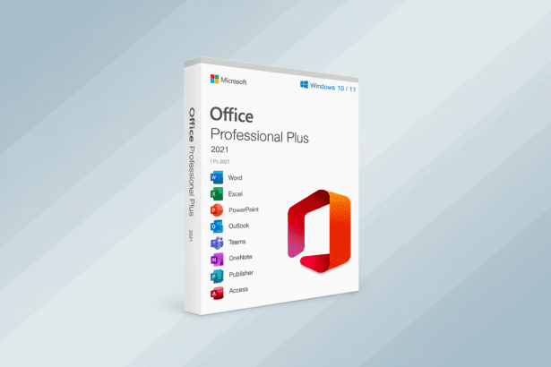 A 16:9 aspect ratio image of the Microsoft Office Professional Plus 2021 software box, featuring a professional flat design background with soft patterns.