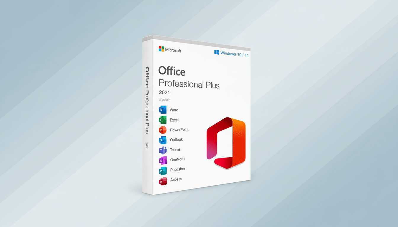 A 16:9 aspect ratio image of the Microsoft Office Professional Plus 2021 software box, featuring a professional flat design background with soft patterns.