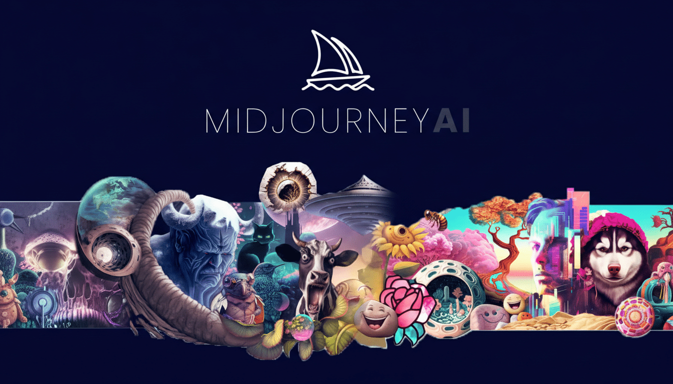 The Midjourney AI logo and text are centered above a horizontal collage of diverse, imaginative AI-generated images, including fantastical creatures, landscapes, and abstract designs, all set against a dark blue background.