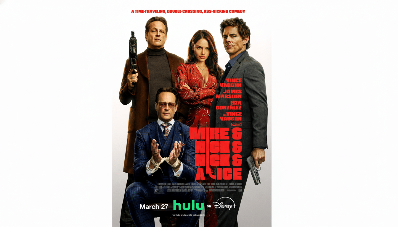 A movie poster for Mike & Nick & Nick & Alice featuring four main characters, three men and one woman, in a 16:9 aspect ratio. The background is white, and the original text and branding are preserved.