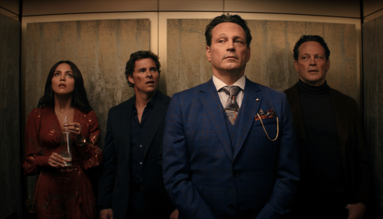 Four people, including Vince Vaughn in a blue suit, standing in an elevator.