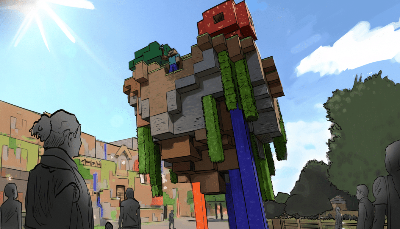 A large, blocky, Minecraft-inspired structure resembling a creature, with a small figure on top, stands prominently against a blue sky, viewed by several people in the foreground.