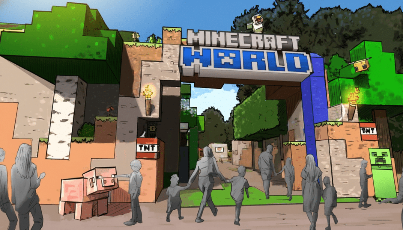 A 16:9 aspect ratio image of the Minecraft World entrance, featuring blocky landscapes, TNT blocks, and various people, some interacting with Minecraft characters like a pig and a Creeper.
