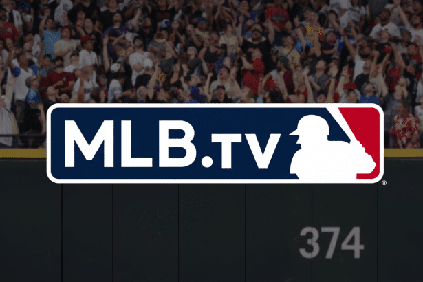 The MLB.TV logo is centered over a baseball stadium scene with cheering fans in the stands and a dark outfield wall with the number 374 visible.