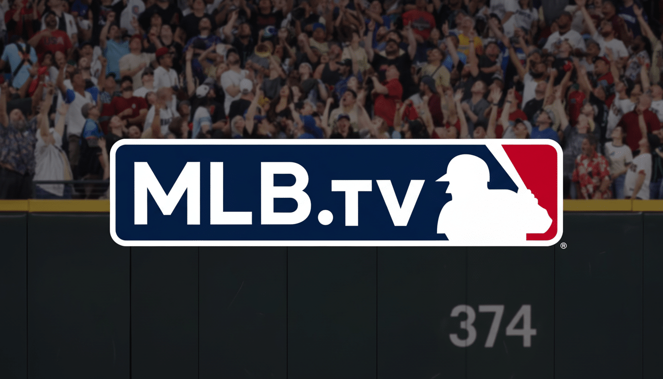 The MLB.TV logo is centered over a baseball stadium scene with cheering fans in the stands and a dark outfield wall with the number 374 visible.