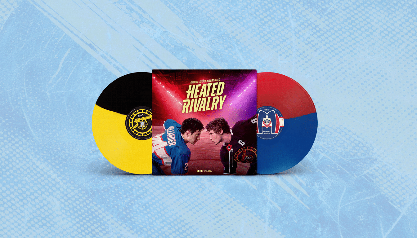 A 16:9 aspect ratio image of the Heated Rivalry original series soundtrack album cover, featuring two hockey players facing each other intensely, flanked by two vinyl records in yellow/black and red/blue, all set against a light blue background with subtle ice rink patterns.