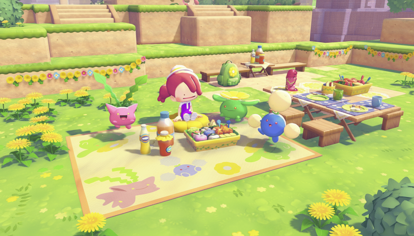 A colorful picnic scene with a cartoon character and several Pokémon-like creatures on a blanket, surrounded by green grass and yellow flowers.